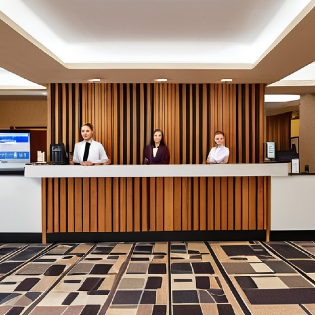 **

*   A bustling hotel reception area. Show a modern Property Management System (PMS) in action, reducing queues and streamlining check-in. Focus on efficiency and a seamless guest experience.

**