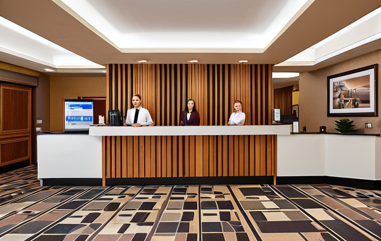 **
* A bustling hotel reception area. Show a modern Property Management System (PMS) in action, reducing queues and streamlining check-in. Focus on efficiency and a seamless guest experience.
**