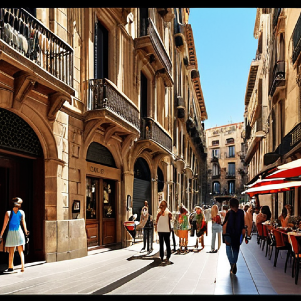 **

A vibrant, sun-drenched scene showcasing a boutique hotel in Barcelona's Gothic Quarter. The hotel entrance is framed by historic architecture, and guests are seen easily accessing nearby public transportation (metro sign visible). In the foreground, happy tourists are enjoying tapas at a charming restaurant across the street. The overall impression is accessibility and authentic Spanish experience.

**