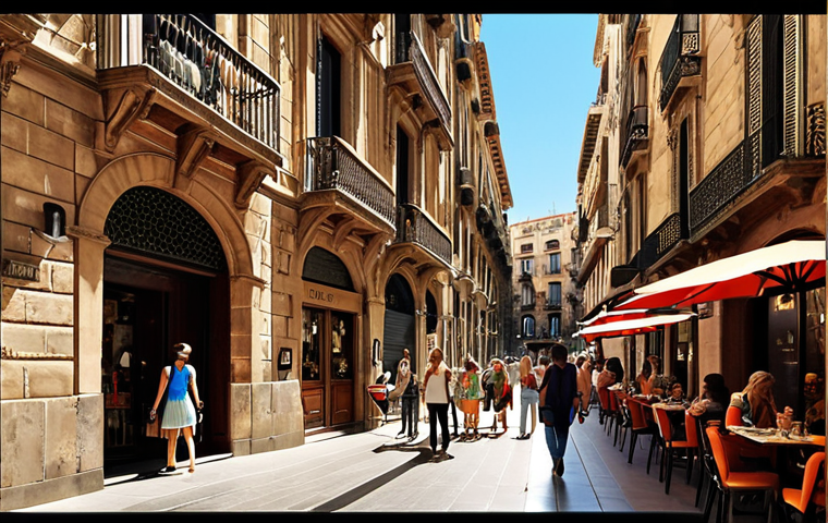 **
A vibrant, sun-drenched scene showcasing a boutique hotel in Barcelona's Gothic Quarter. The hotel entrance is framed by historic architecture, and guests are seen easily accessing nearby public transportation (metro sign visible). In the foreground, happy tourists are enjoying tapas at a charming restaurant across the street. The overall impression is accessibility and authentic Spanish experience.
**
