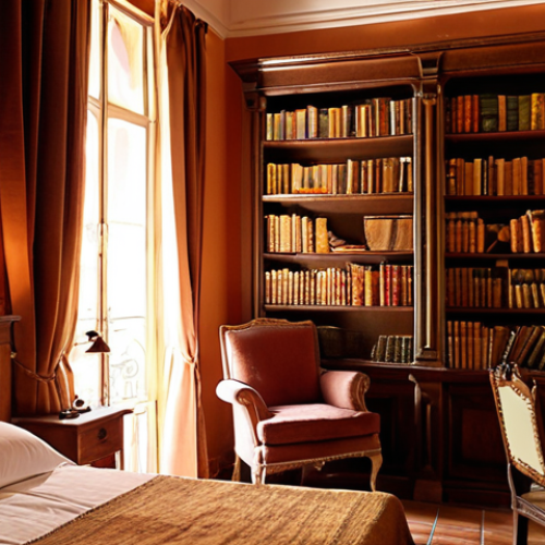 **Prompt:** *Boutique hotel room in Seville, Spain. Warm lighting, antique furniture, bookshelf with old books. Room dedicated to a local historical figure. Evokes a sense of time travel, history and local culture. Cozy, inviting atmosphere. Spanish architecture elements. Soft focus.*