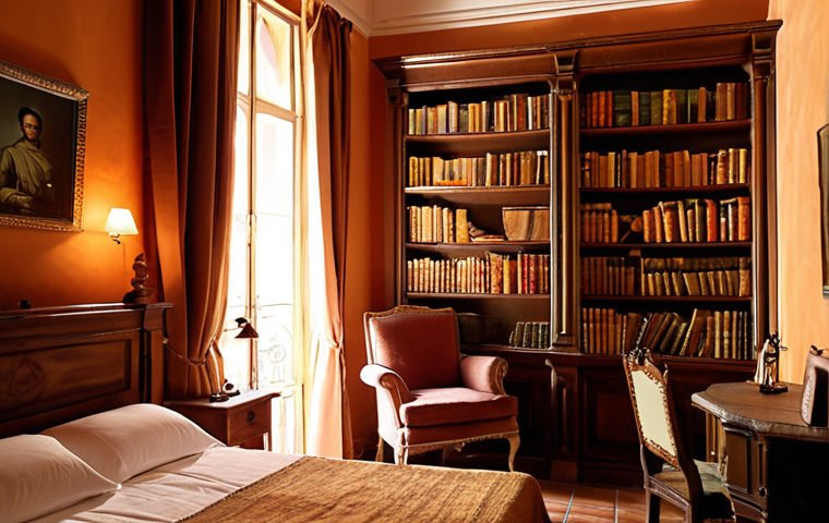 **Prompt:** *Boutique hotel room in Seville, Spain. Warm lighting, antique furniture, bookshelf with old books. Room dedicated to a local historical figure. Evokes a sense of time travel, history and local culture. Cozy, inviting atmosphere. Spanish architecture elements. Soft focus.*