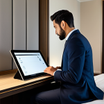A professional male guest, fully clothed in a modest business suit, comfortably seated in a luxurious, modern hotel room. He is interacting with a sleek digital tablet on a bedside table, subtly controlling the room's smart features like adjustable lighting, automated window blinds, and ambient temperature. The room showcases contemporary design and subtle IoT devices. The overall atmosphere is serene and efficient, highlighting personalized comfort. Professional photography, perfect anatomy, correct proportions, natural pose, well-formed hands, proper finger count. Appropriate attire, modest clothing, safe for work, family-friendly content.