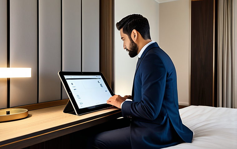 A professional male guest, fully clothed in a modest business suit, comfortably seated in a luxurious, modern hotel room. He is interacting with a sleek digital tablet on a bedside table, subtly controlling the room's smart features like adjustable lighting, automated window blinds, and ambient temperature. The room showcases contemporary design and subtle IoT devices. The overall atmosphere is serene and efficient, highlighting personalized comfort. Professional photography, perfect anatomy, correct proportions, natural pose, well-formed hands, proper finger count. Appropriate attire, modest clothing, safe for work, family-friendly content.