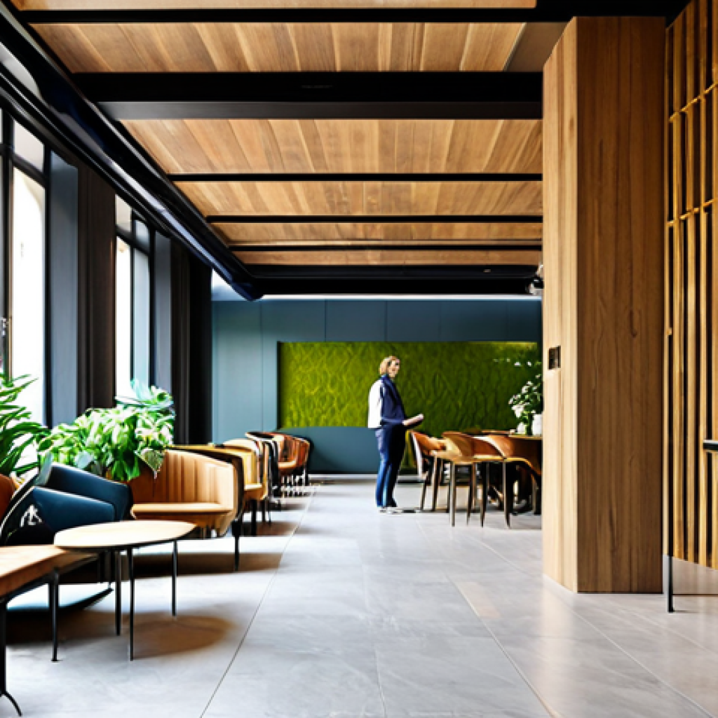 Modern Hotel Lobby with Local Art**
A bright and airy modern hotel lobby in Barcelona. Guests are checking in using tablets. Local Catalan art adorns the walls. Focus on sustainable design elements like natural wood and indoor plants. Fully clothed guests and staff in appropriate attire. Safe for work, appropriate content, family-friendly, professional, perfect anatomy, natural proportions, high-quality rendering, well-lit, showcasing a welcoming and efficient hospitality environment.
**