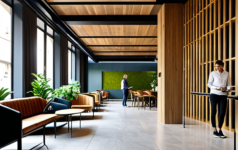Modern Hotel Lobby with Local Art**
A bright and airy modern hotel lobby in Barcelona. Guests are checking in using tablets. Local Catalan art adorns the walls. Focus on sustainable design elements like natural wood and indoor plants. Fully clothed guests and staff in appropriate attire. Safe for work, appropriate content, family-friendly, professional, perfect anatomy, natural proportions, high-quality rendering, well-lit, showcasing a welcoming and efficient hospitality environment.
**