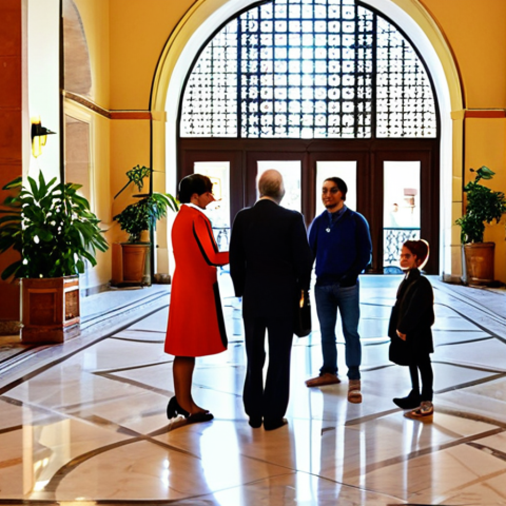 **Prompt:** A bustling hotel lobby in Seville, Spain. Guests are checking in. A friendly concierge assists a family. The scene is brightly lit with warm colors. Incorporate Spanish architectural details. Professional photography, perfect anatomy, correct proportions, fully clothed, appropriate attire, safe for work, family-friendly.