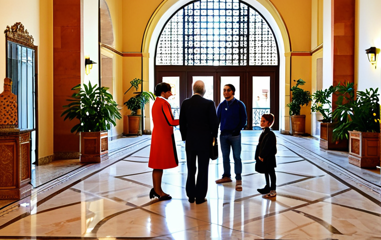 **Prompt:** A bustling hotel lobby in Seville, Spain. Guests are checking in. A friendly concierge assists a family. The scene is brightly lit with warm colors. Incorporate Spanish architectural details. Professional photography, perfect anatomy, correct proportions, fully clothed, appropriate attire, safe for work, family-friendly.