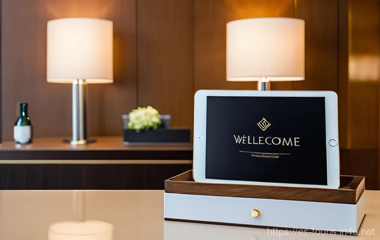 호텔 경영에서의 전략적 기획 - **Prompt 1: Personalized Welcome with Subtle Tech Integration**
"A warmly lit, modern hotel lobb...