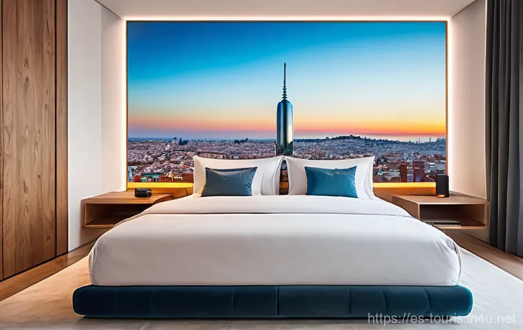 호텔 관광업의 변화와 미래 - **A futuristic yet cozy hotel room in a vibrant Spanish city, showcasing extreme personalization and...