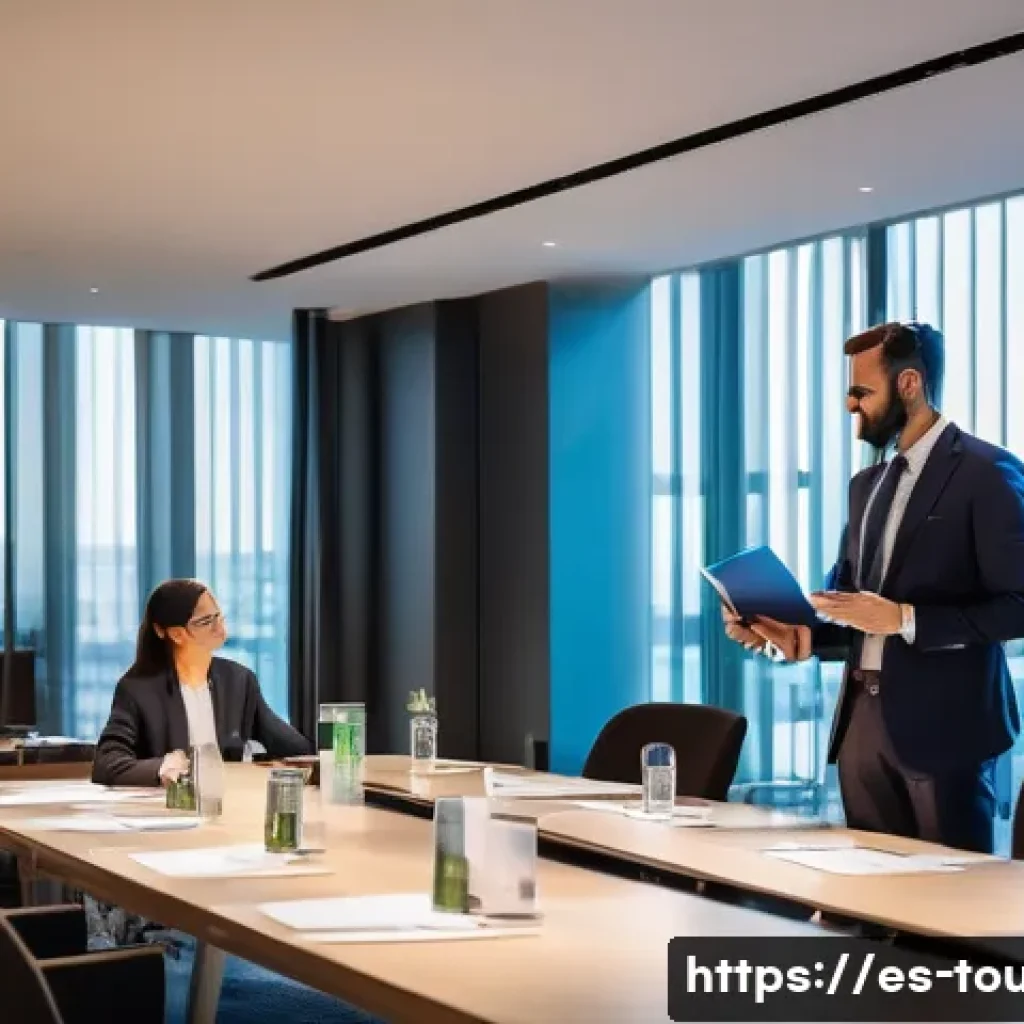 호텔 관광 경영의 기업문화 - A vibrant and modern hotel team meeting in a boutique Barcelona hotel conference room, featuring div...