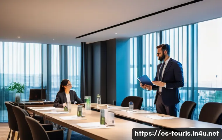 호텔 관광 경영의 기업문화 - A vibrant and modern hotel team meeting in a boutique Barcelona hotel conference room, featuring div...
