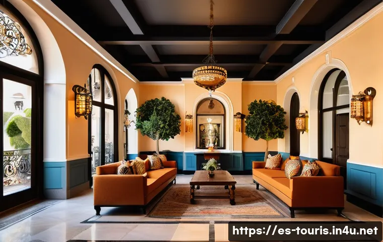 관광호텔 경영의 복합적 요소 - A luxurious hotel lobby blending traditional Spanish architectural elements with modern minimalist d...
