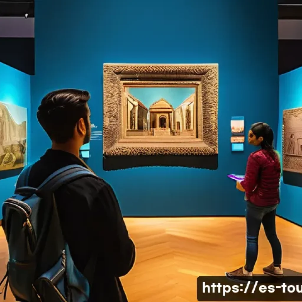 호텔과 관광산업의 미래 기술 - A vibrant museum interior featuring visitors using augmented reality mobile apps to explore historic...