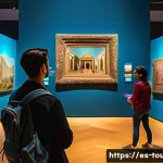 Home 22 호텔과 관광산업의 미래 기술 - A vibrant museum interior featuring visitors using augmented reality mobile apps to explore historic...