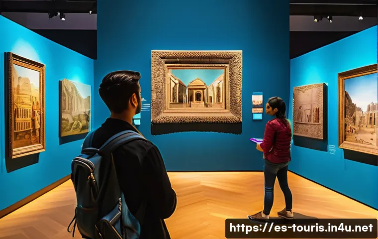 호텔과 관광산업의 미래 기술 - A vibrant museum interior featuring visitors using augmented reality mobile apps to explore historic...