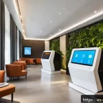 Home 21 호텔경영학의 글로벌 경영 전략 - A modern hotel lobby featuring smart technology integration: sleek digital check-in kiosks, guests u...
