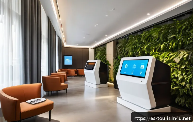 호텔경영학의 글로벌 경영 전략 - A modern hotel lobby featuring smart technology integration: sleek digital check-in kiosks, guests u...