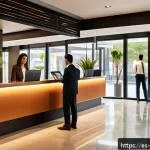 Home 20 호텔 비즈니스 모델 - A modern hotel lobby bustling with diverse guests checking in at sleek digital kiosks and reception ...