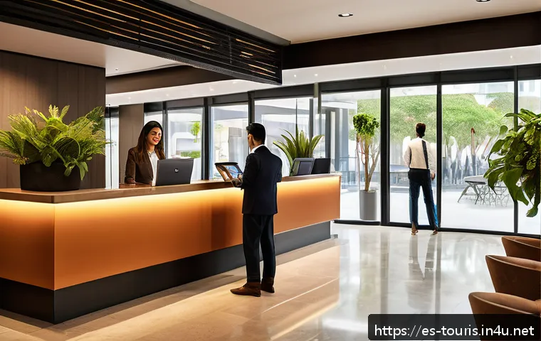 호텔 비즈니스 모델 - A modern hotel lobby bustling with diverse guests checking in at sleek digital kiosks and reception ...