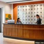 Home 18 호텔 산업의 법적 및 규제 환경 - A modern Spanish hotel reception area with a friendly multilingual staff member assisting a diverse ...