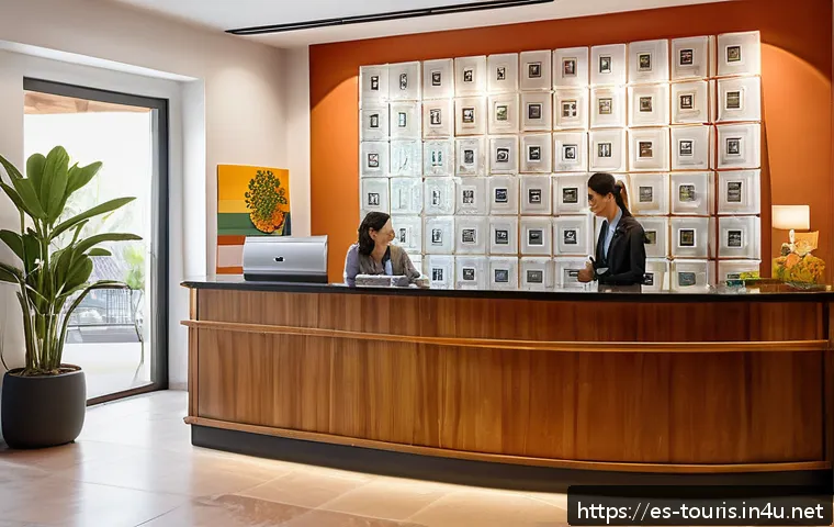 호텔 산업의 법적 및 규제 환경 - A modern Spanish hotel reception area with a friendly multilingual staff member assisting a diverse ...