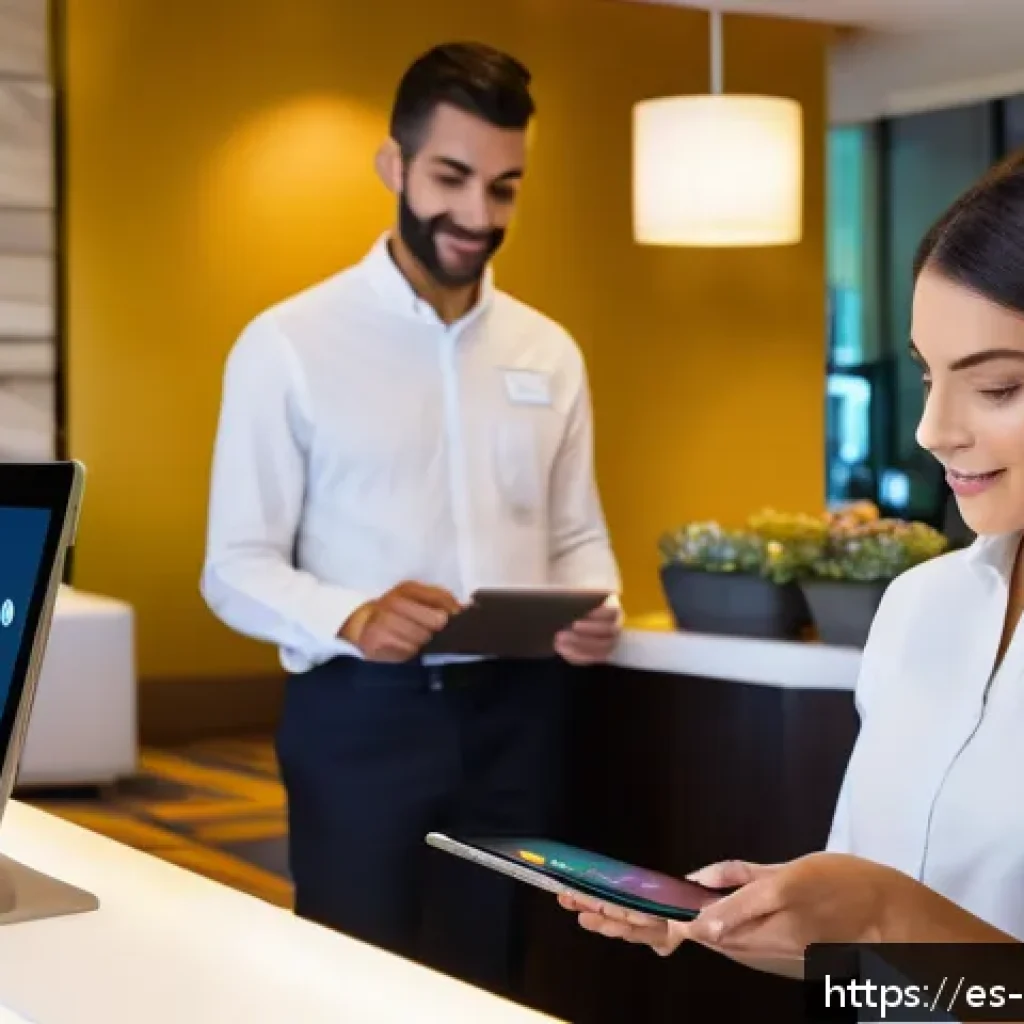 호텔 운영 효율성 향상 방안 - A modern hotel lobby bustling with multilingual staff using integrated digital management systems on...