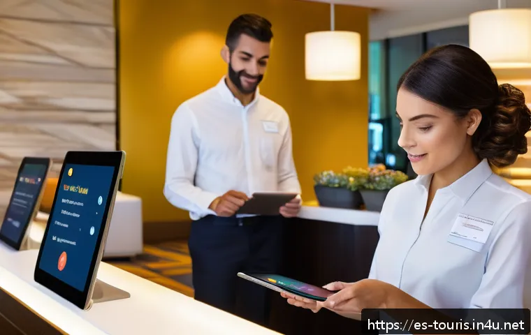 호텔 운영 효율성 향상 방안 - A modern hotel lobby bustling with multilingual staff using integrated digital management systems on...