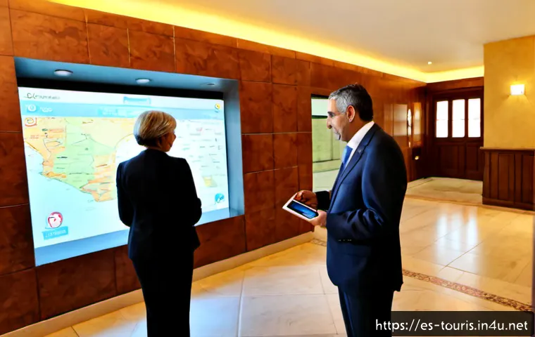 관광업의 인공지능 AI  활용 - Photorealistic Spanish city hotel reception, friendly concierge assisting an older Spanish-speaking ...