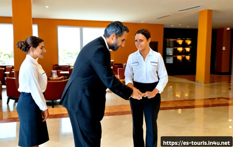 호텔경영학의 조직 이론 - Photorealistic hotel management team in a modern upscale Mediterranean hotel lobby, Spanish-speaking...