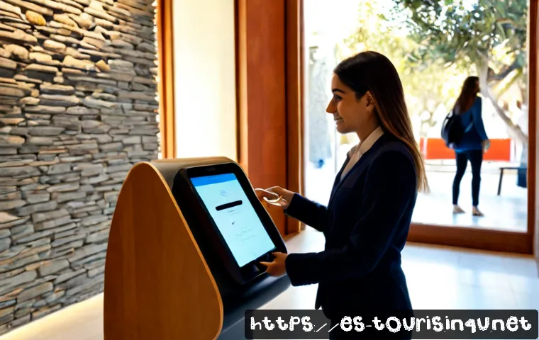 Home 17 호텔 산업의 디지털 혁명 - Photorealistic modern boutique hotel lobby in Barcelona, a Spanish-speaking receptionist warmly assi...