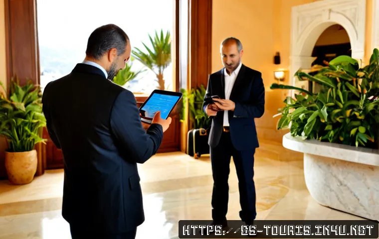 Home 17 호텔 산업의 경쟁력 분석 - Photorealistic upscale Mediterranean hotel lobby in Spain, a middle-aged hotel manager in smart neut...